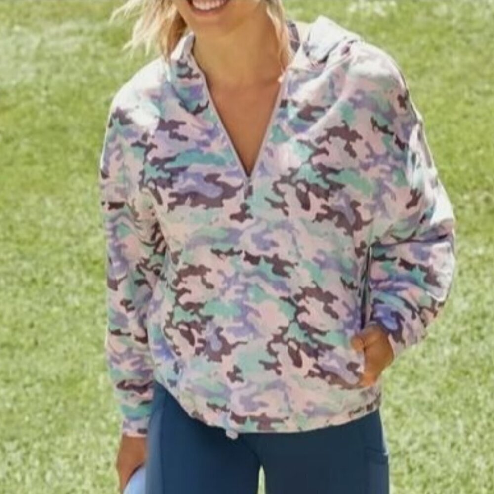 Fabletics Sweatshirt Hallie Cinchable Half Zip Hoodie Pink Green Camo Womens XXL